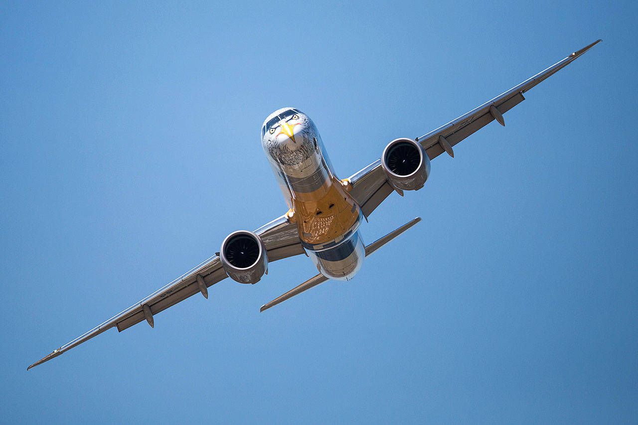 An Embraer E195 jetliner. Boeing reportedly has been in talks to acquire the Brazilian airplane maker. (Embraer)