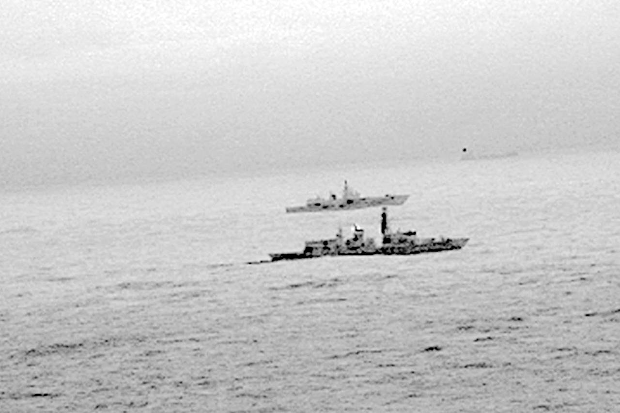 Royal Navy frigate HMS St Albans escorts a Russian warship through the North Sea and areas of UK interest on Monday. (Royal Navy via AP)