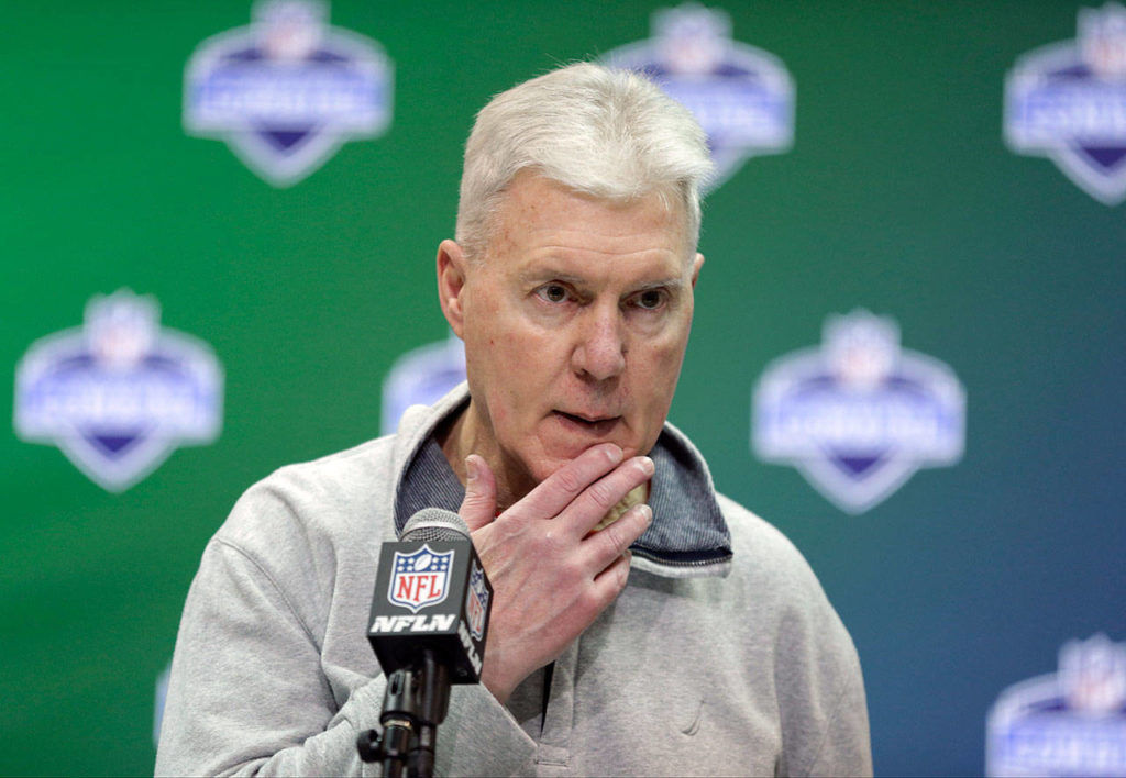 Green Bay Packers general manager Ted Thompson speaks during a press conference in March of 2017. (AP Photo/Michael Conroy, File)
