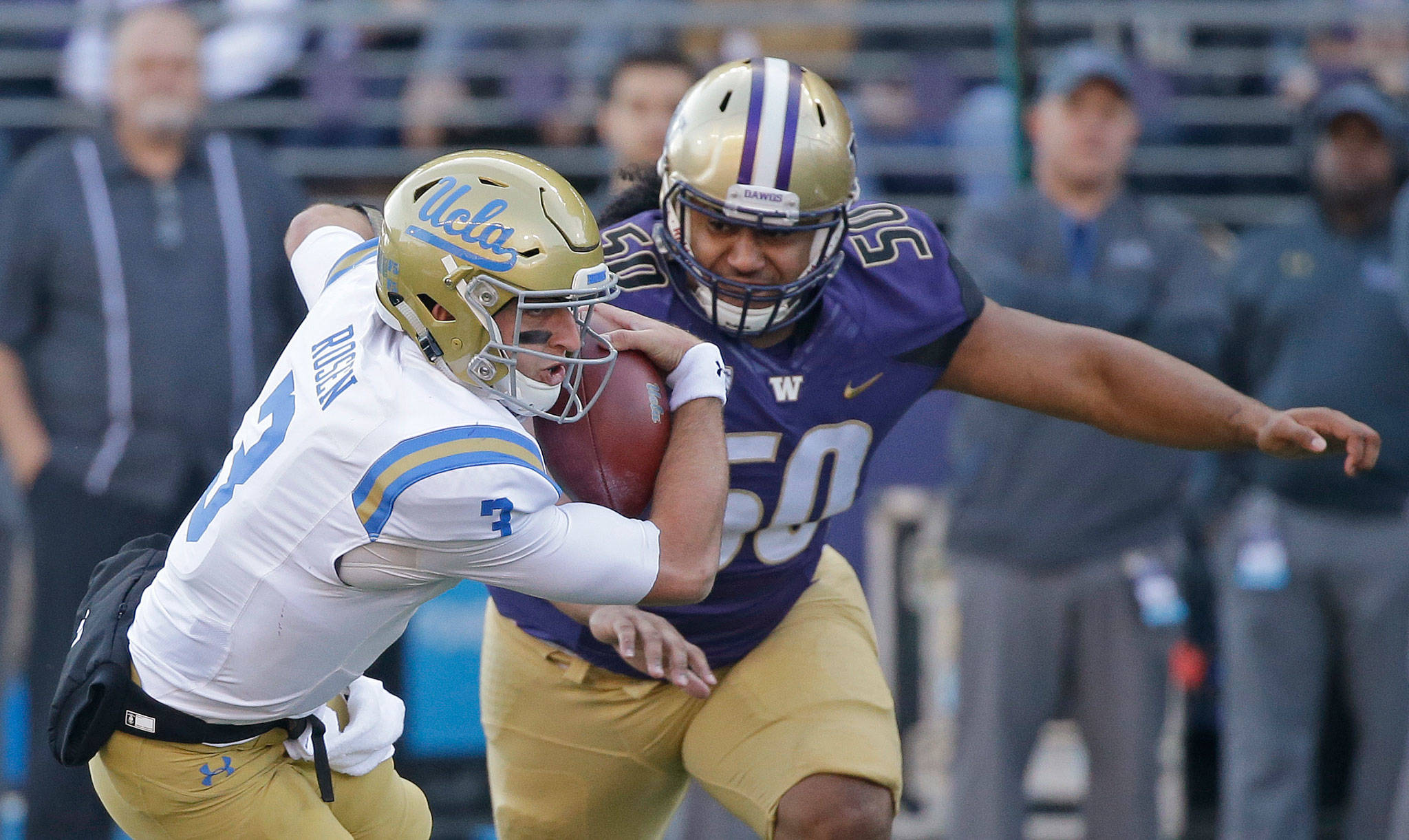 Washington lineman Vita Vea chases UCLA quarterback Josh Rosen during the first half of their game Oct. 28 in Seattle. (AP Photo/Elaine Thompson)