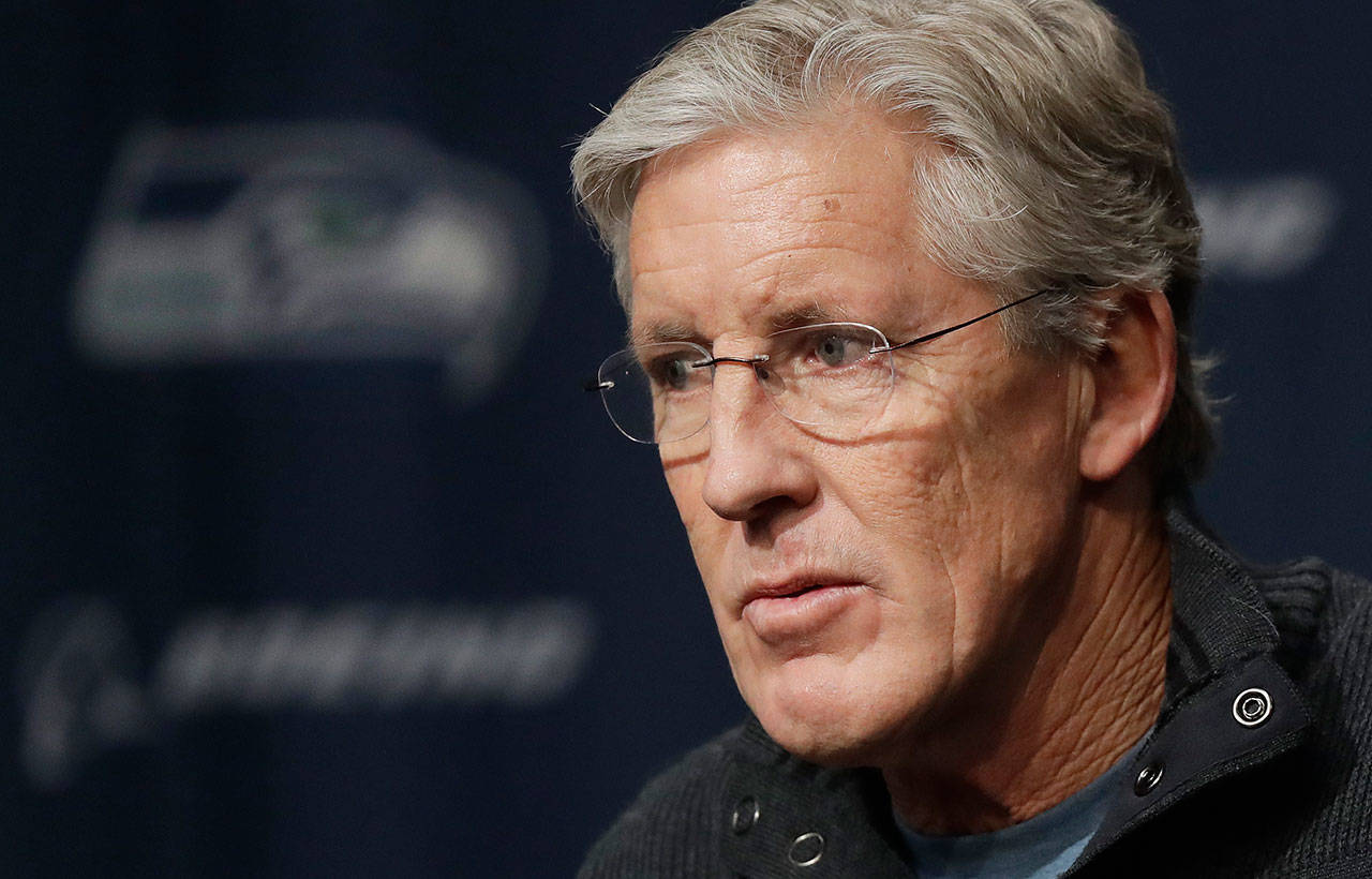 Seahawks head coach Pete Carroll talks to reporters during his end-of-season press conference on Jan. 2, 2017, in Renton. (AP Photo/Ted S. Warren)