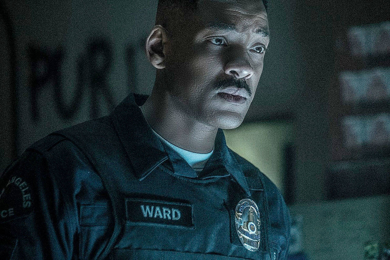 Will Smith portrays veteran cop Daryl Ward who patrols an alternate version of Los Angeles in “Bright.” (Scott Garfield / Netflix)