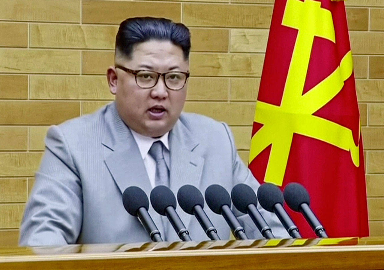 North Korean leader Kim Jong Un during his annual address in North Korea on Monday. (KRT via AP Video)