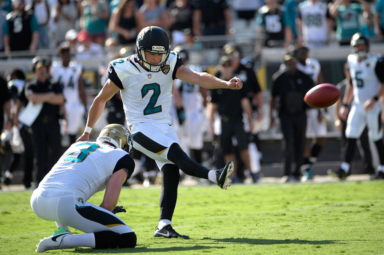 Former Jaguars kicker Jason Myers (2) attempts a field goal during the first half of a game against the Rams on Oct. 15, 2017, in Jacksonville, Fla. (AP Photo/Phelan M. Ebenhack)