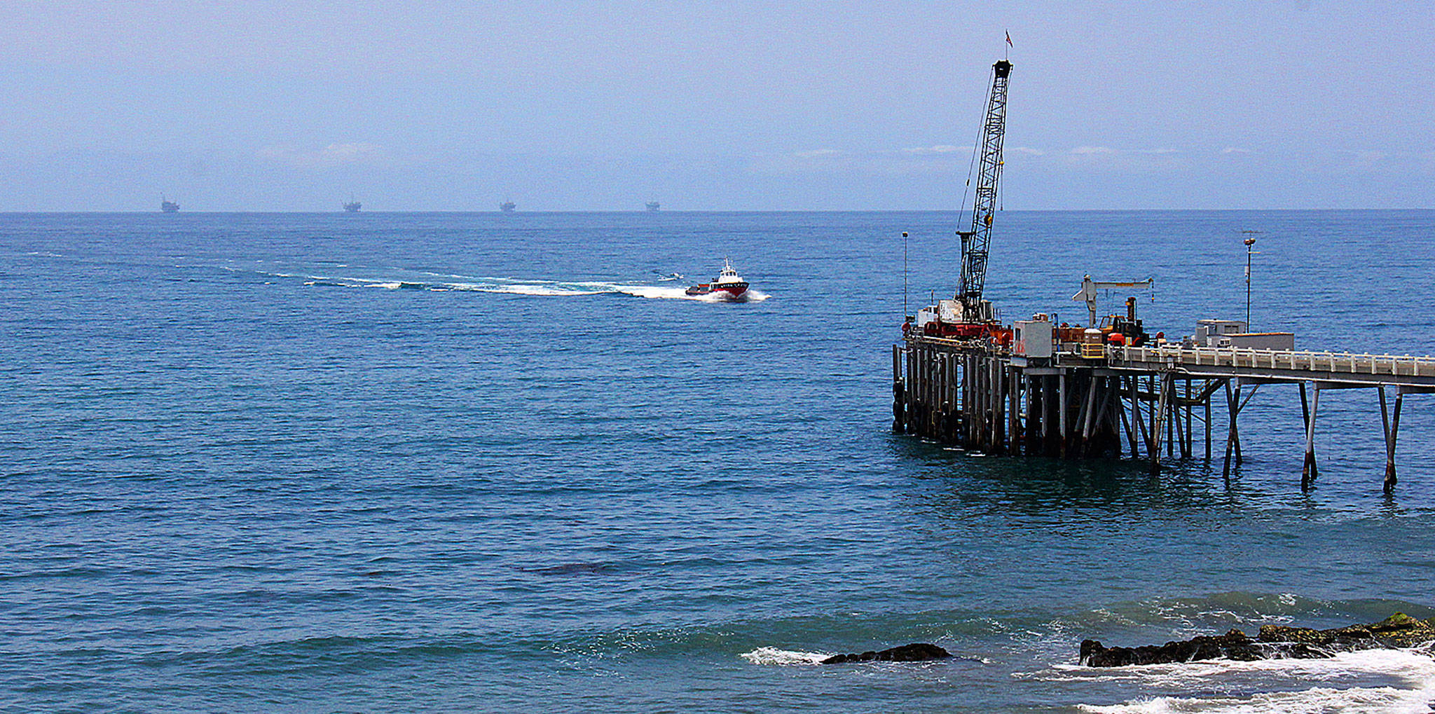 Oil rigs in the Santa Barbara Channel, off the coast of Southern California near Carpinteria, in 2015. (AP Photo/John Antczak)