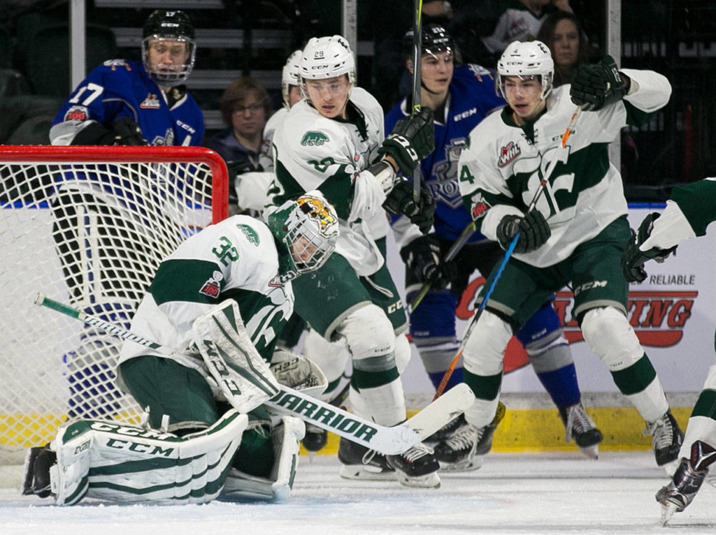Everett’s Dustin Wolf stops a shot at Angels of The Winds Arena Sunday night on January 7, 2018. championship. Silvertips won 9-4. (Kevin Clark / The Daily Herald)
