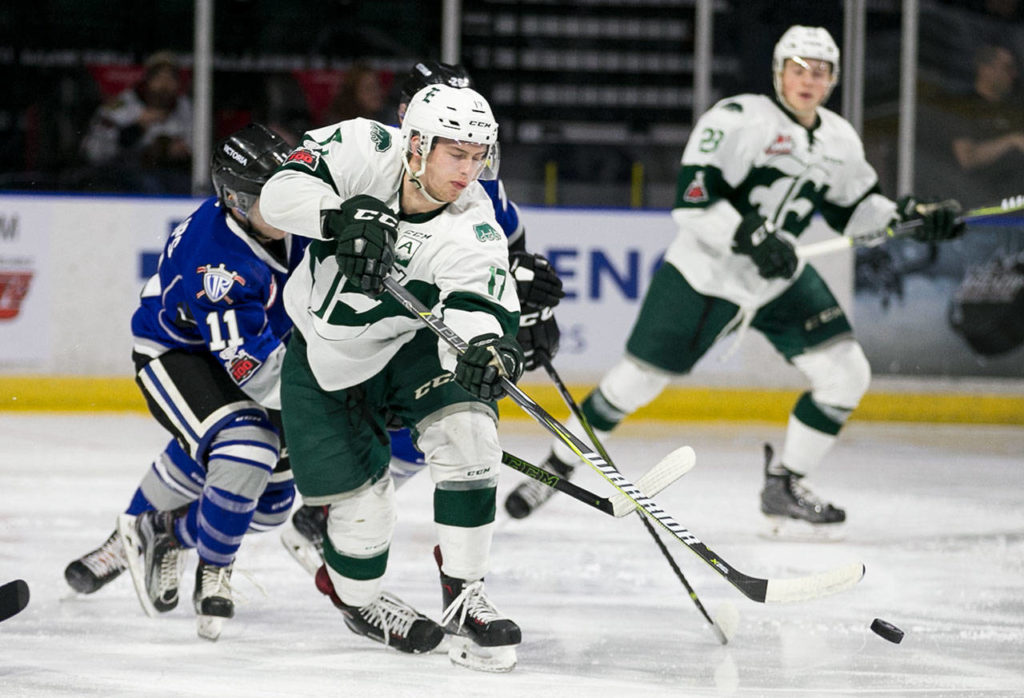 Everett’s Matt Fonteyne controls the puck with Victoria’s Matthew Phillips giving chase at Angels of The Winds Arena Sunday night on January 7, 2018. championship. Silvertips won 9-4. (Kevin Clark / The Daily Herald)
