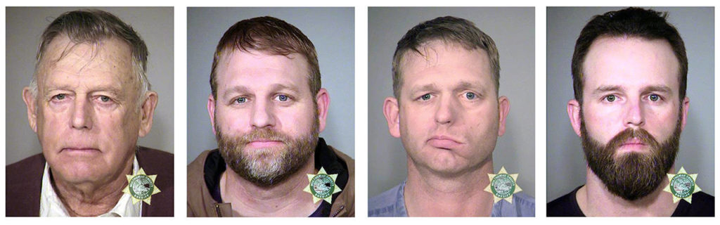 From left: Nevada rancher Cliven Bundy; his sons, Ammon Bundy and Ryan Bundy; and co-defendant Ryan Payne. (Multnomah County Sheriff’s Office via AP, File)
