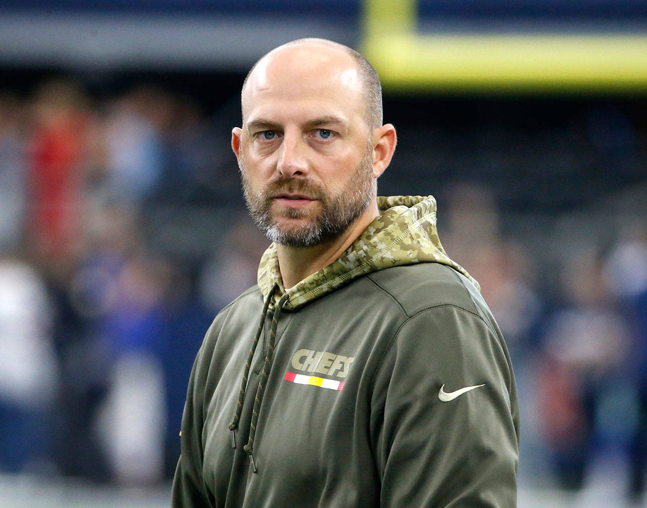 Kansas City Chiefs offensive coordinator Matt Nagy stands on the field prior to a game against the Dallas Cowboys in November. The Chicago Bears announced Monday they have hired Nagy as their head coach. (AP Photo/Michael Ainsworth, File)