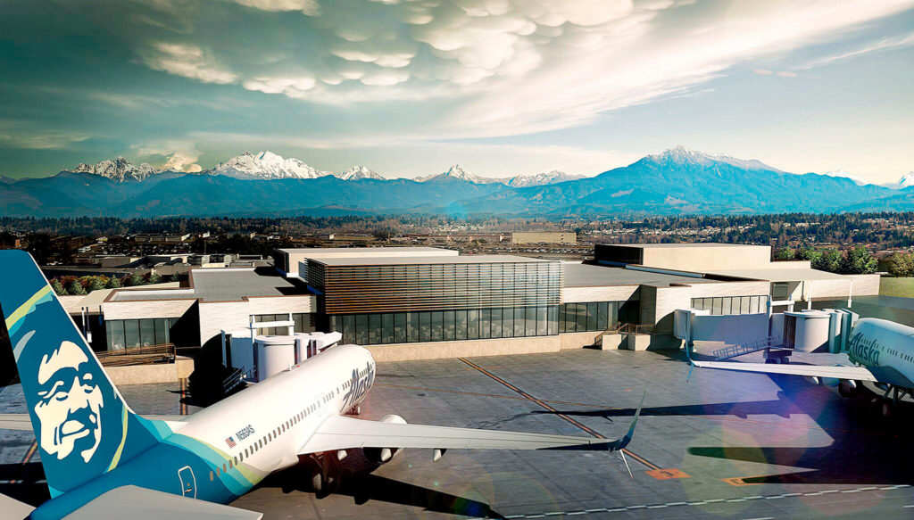 An artist’s rendering of the new passenger terminal at Paine Field in Everett. (Propeller Airports)
