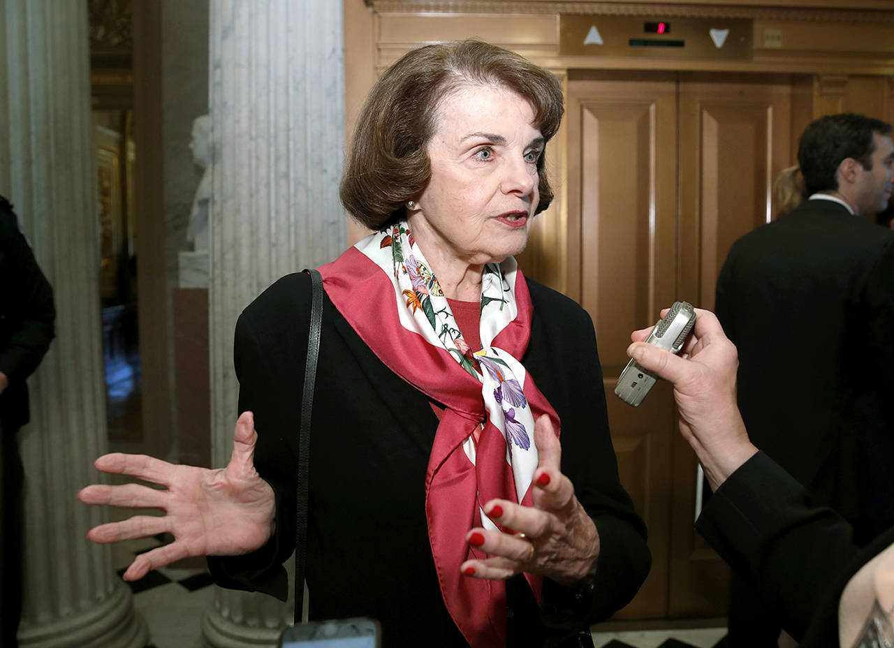 In this Dec. 19 photo, Sen. Dianne Feinstein, D-Calif., speaks with a reporter on Capitol Hill in Washington. (AP Photo/Alex Brandon, file)