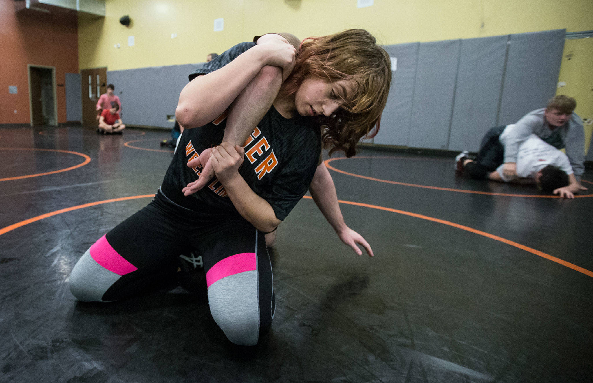 Karrah Smith wrestles Tim Rachal during practice at Granite Falls High School on Friday, Jan. 12, 2018 in Granite Falls, Wa. She finished sixth in the 145-pound weight class at last year’s Mat Classic and is eyeing a better finish this season at 170 pounds. (Andy Bronson / The Herald)