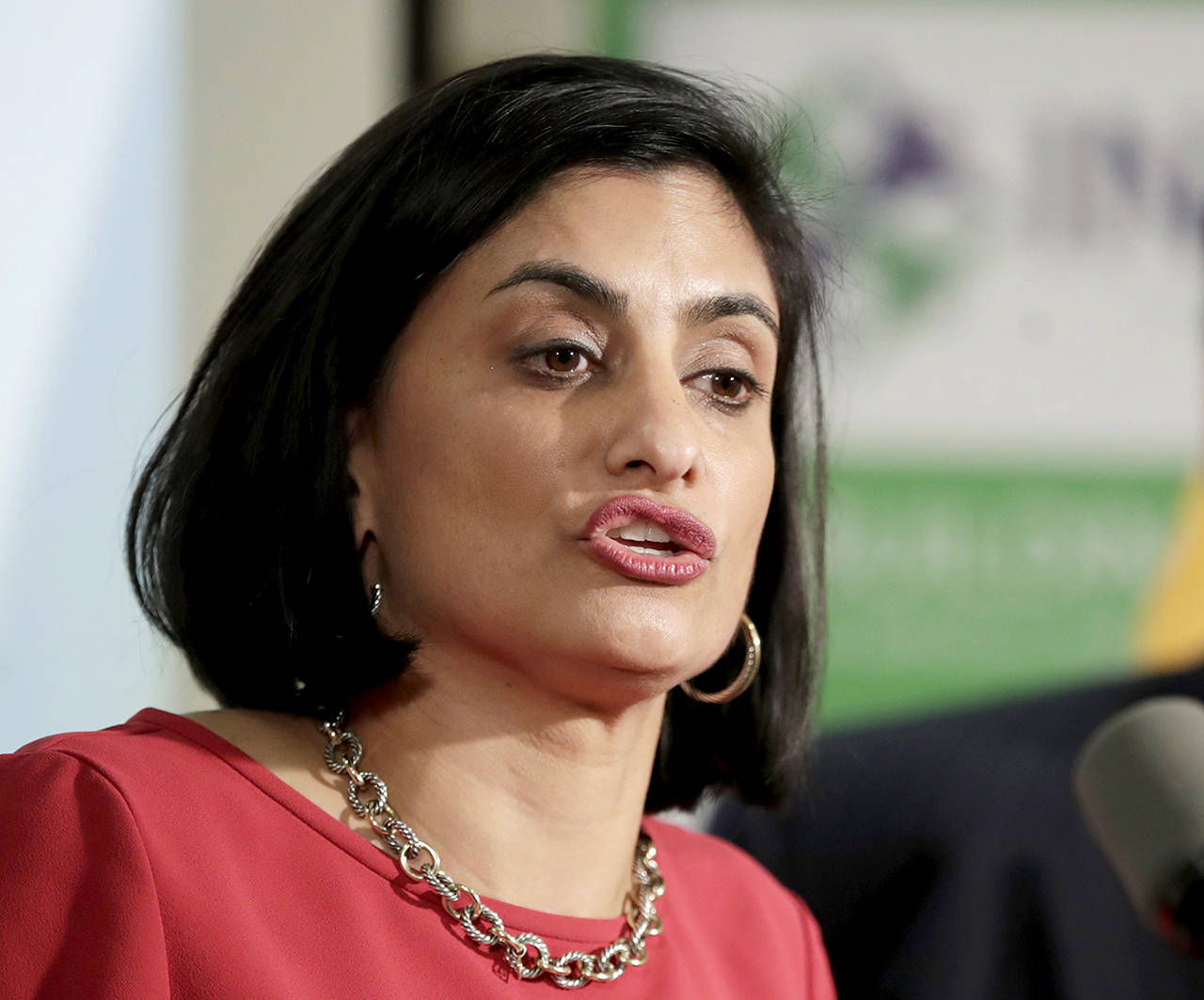 In this Nov. 2017 photo, Seema Verma, administrator of the Centers for Medicare and Medicaid Services, speaks during a news conference in Newark, New Jersey. The Trump administration says it’s offering a path for states that want to seek work requirements for Medicaid recipients, and that’s a major policy shift toward low-income people. (AP Photo/Julio Cortez)