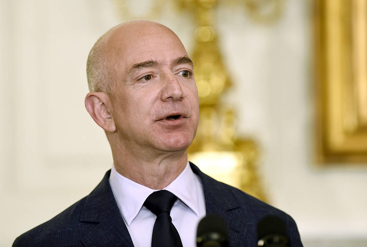 In this May 2016 photo, Jeff Bezos, the founder and CEO of Amazon.com, speaks in the State Dining Room of the White House in Washington. (AP Photo/Susan Walsh, File)