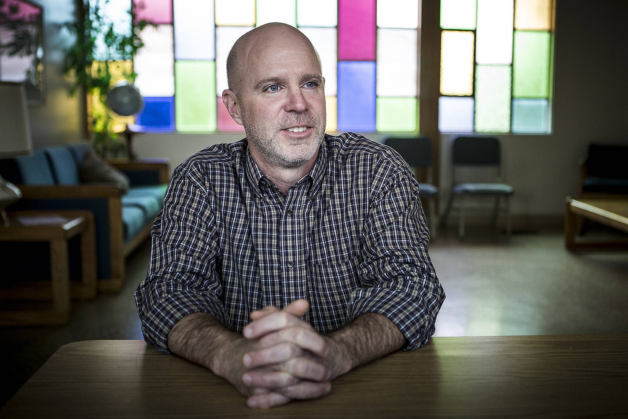 A native Seattleite, Hallack Greider, is Maplewood Presbyterian Church’s new pastor in Edmonds. (Ian Terry / The Herald)