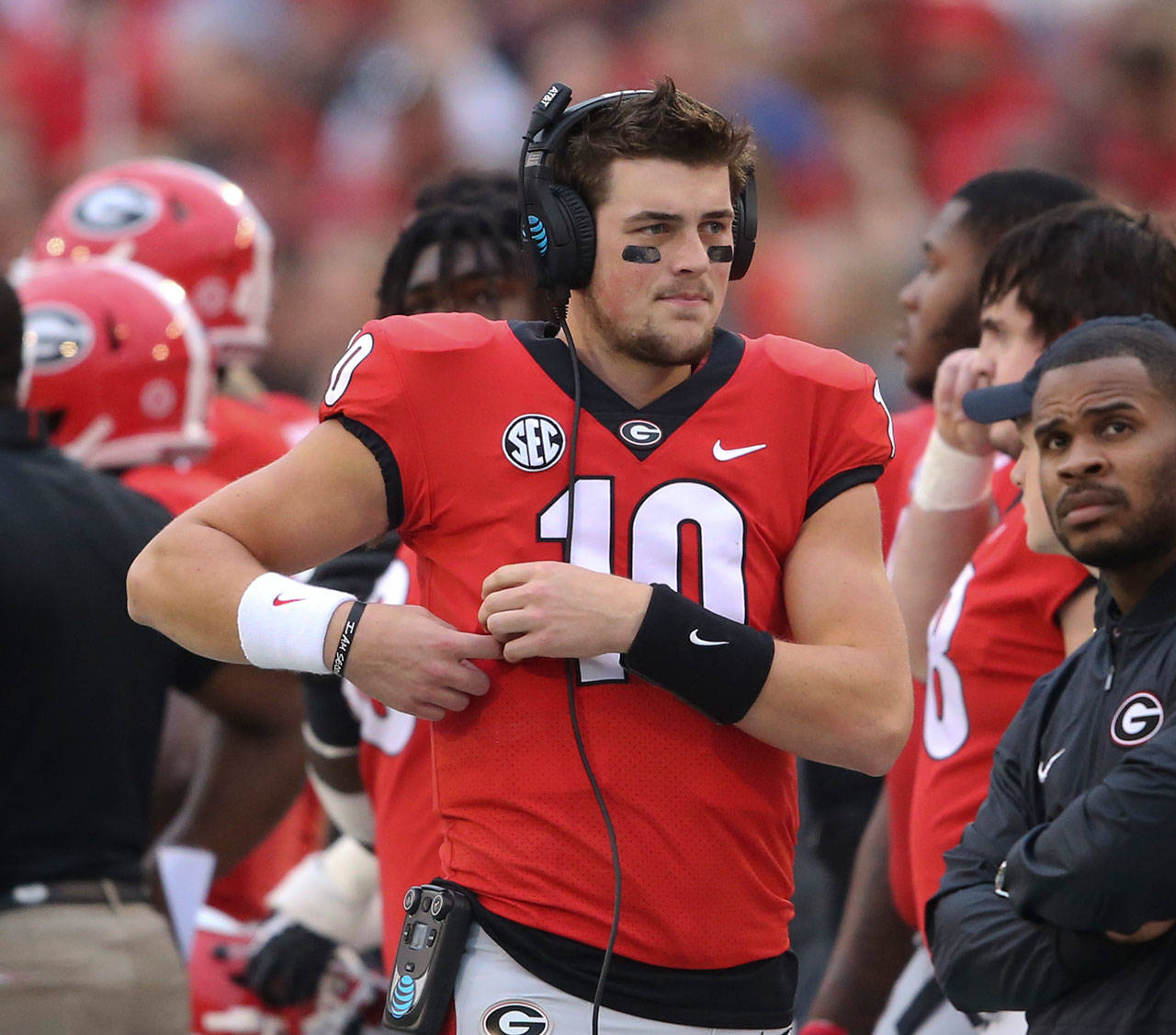 Georgia quarterback Jacob Eason (10), a Lake Stevens alum, stands on the sideline in the first half of a game against Kentucky on Nov. 18, 2017, in Athens, Ga. (AP Photo/John Bazemore)