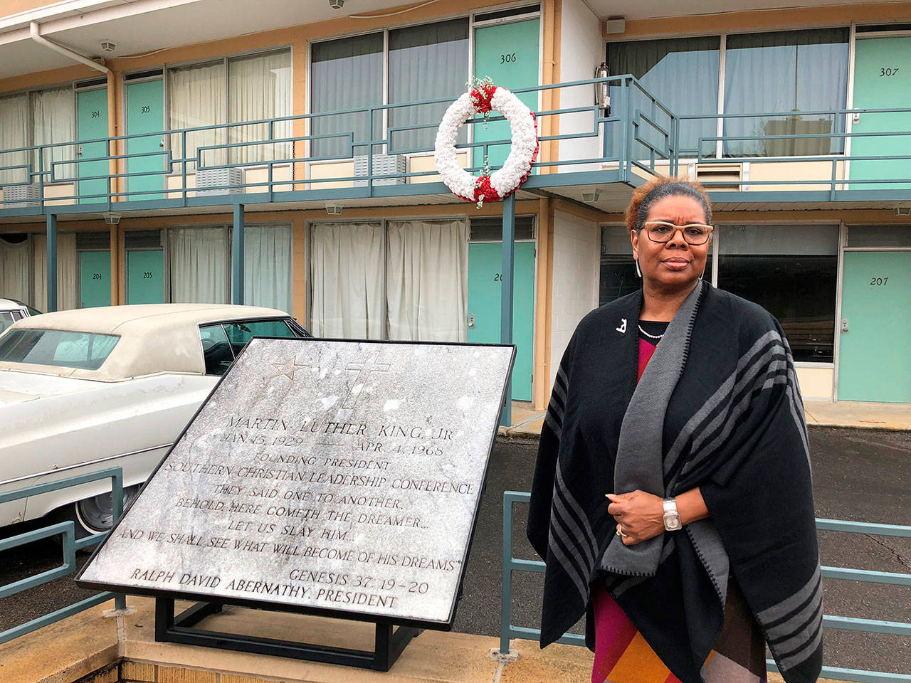 National Civil Rights Museum President Terri Lee Freeman stands in front of the balcony of the old Lorraine Motel in Memphis, Tenn., Tuesday, Jan. 9, 2018, where Martin Luther King Jr. was fatally shot. When Dr. Martin Luther King Jr. said returning hate for hate multiplies hate, adding deeper darkness to a night devoid of stars, he wasn’t thinking of the world in 2018. More than a half-century later, amid contentious political fights, one of King’s memorable quotes from his book “Strength to Love” remains relevant. (AP Photo/Adrian Sainz)