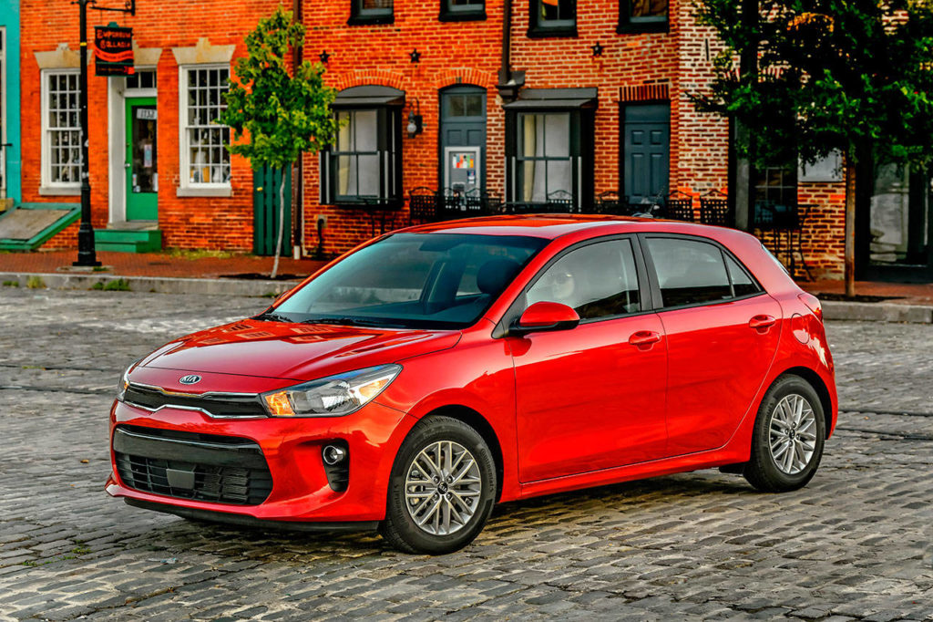 The Kia Rio subcompact is available in four-door sedan and five-door hatchback versions. The model shown here is a Rio 5-Door in the EX trim level. (Manufacturer photo)
