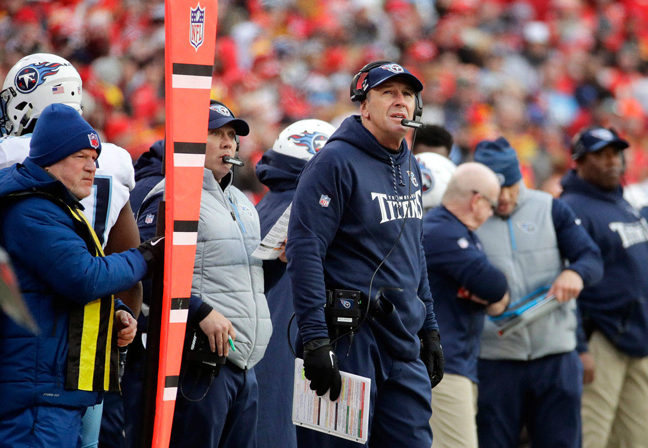 Tennessee Titans head coach Mike Mularkey looks at the scoreboard during the first half of an NFL wild-card game against Kansas City Chiefs on Jan. 15 in Kansas City, Missouri. (AP Photo/Charlie Riedel, File)