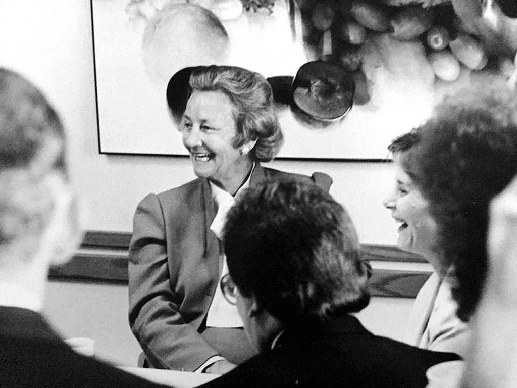 Katharine Graham, then CEO and chairwoman of the board of The Washington Post Co., meets with Everett Daily Herald staff during her visit to Everett on Sept. 20, 1984. The Washington Post. Co. owned The Herald from 1978 until 2013. (Herald archives)
