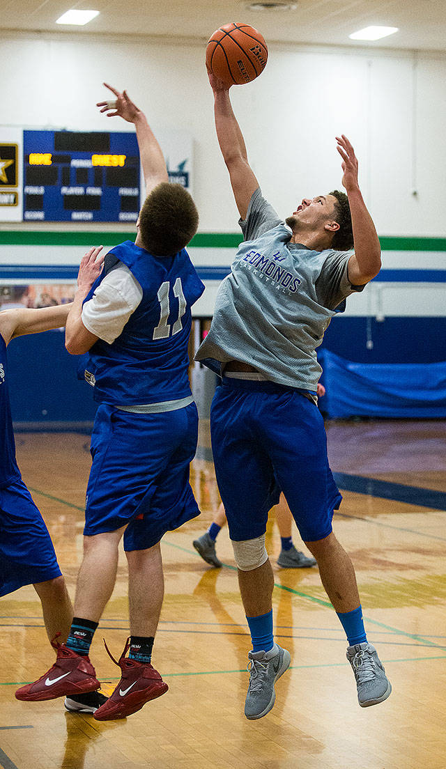 Edmonds Community College men’s basketball player Zach Walton (right) grabs a rebound during the Tritons’ practice on Jan. 11 in Lynnwood. (Andy Bronson / The Herald)