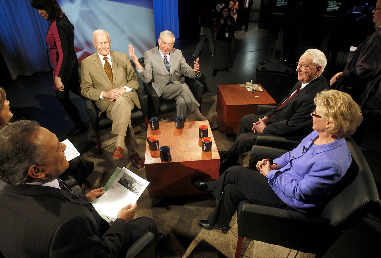 Former Washington state governors (from left) Dan Evans, Mike Lowry, John Spellman and Chris Gregoire sit down with KCTS 9 television for a taping of “The Governors” on March 5, 2013. (Jennifer Buchanan / Herald file)