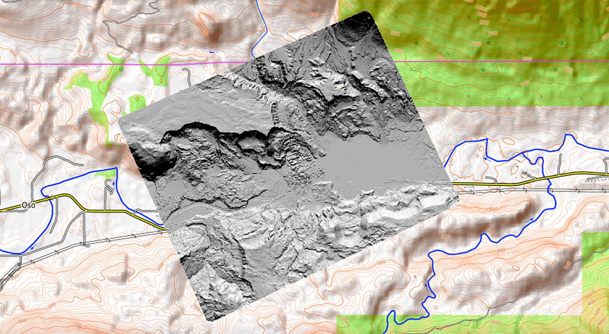 A lidar (light detecting and ranging) image of the area of the March 22, 2014 Oso landslide is shown superimposed over a map of the landslide area along Highway 530 and the Stillaguamish Valley. (Washington State Department of Natural Resources)