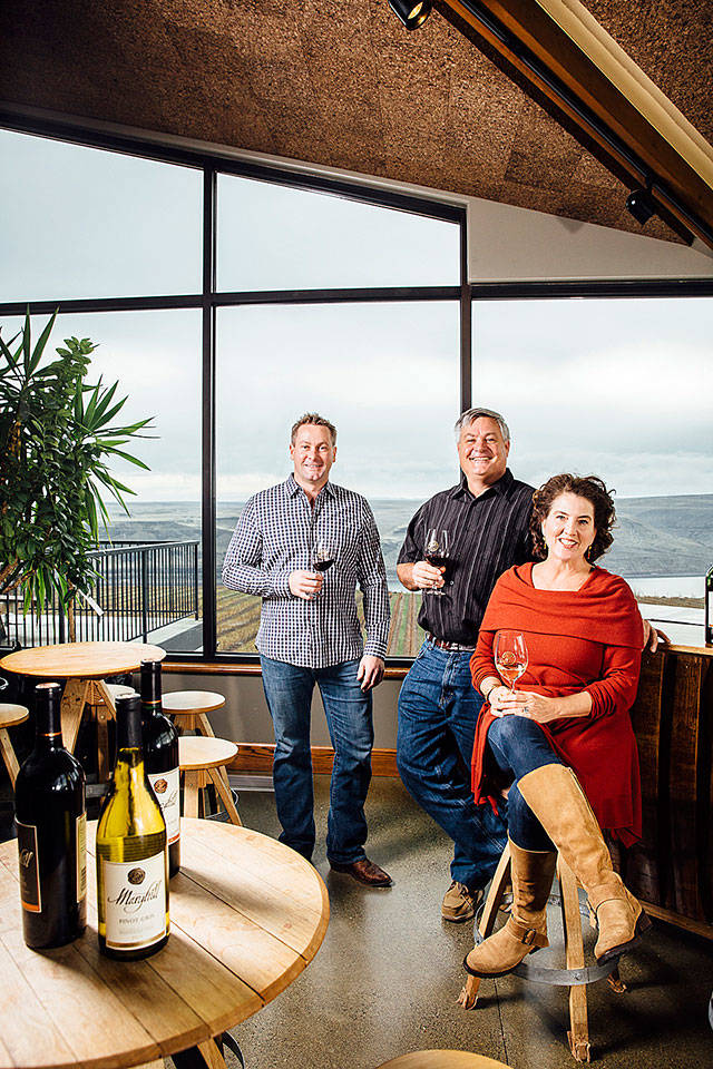 From left, owners Craig and Vicki Leuthold and winemaker Richard Batchelor lead Maryhill Winery in Goldendale. Maryhill has become one of Washington’s top producers in the past few years. (Maryhill Winery)