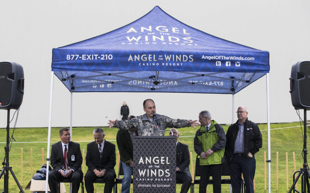 Stillaguamish Tribe of Indians Chair Shawn Yanity speaks during a groundbreaking ceremony for a more than $60 million expansion at the Angel of the Winds Casino Resort on Tuesday in Arlington. (Andy Bronson / The Herald)
