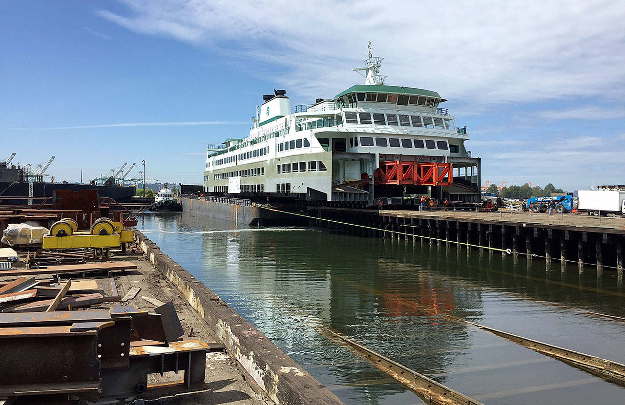 The Suquamish’s 1,110-ton superstructure is joined to its hull at Vigor shipyard on Aug. 18. The 144-car ferry will join the Mukilteo-Clinton route in 2019 to help with the summer rush. (WSDOT photo)