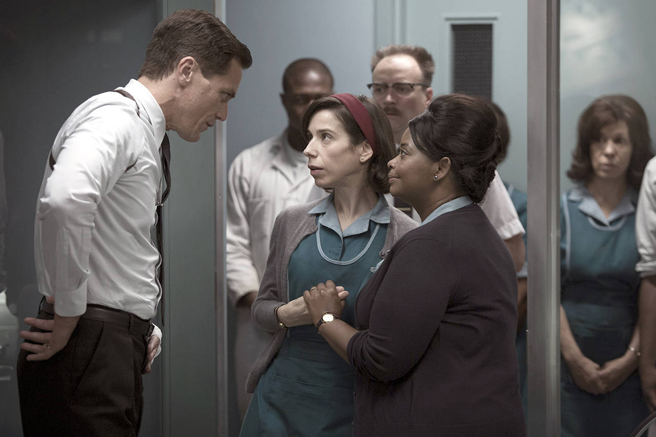 This image shows (from left) Michael Shannon, Sally Hawkins and Octavia Spencer in a scene from the film, “The Shape of Water.” (Fox Searchlight Pictures via AP)