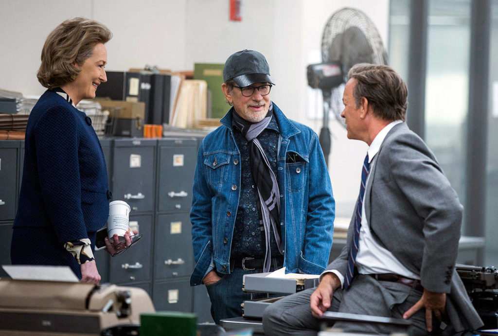 This image shows (from left) actress Meryl Streep, director Steven Spielberg and actor Tom Hanks on the set of “The Post.” (Niko Tavernise/20th Century Fox via AP)

