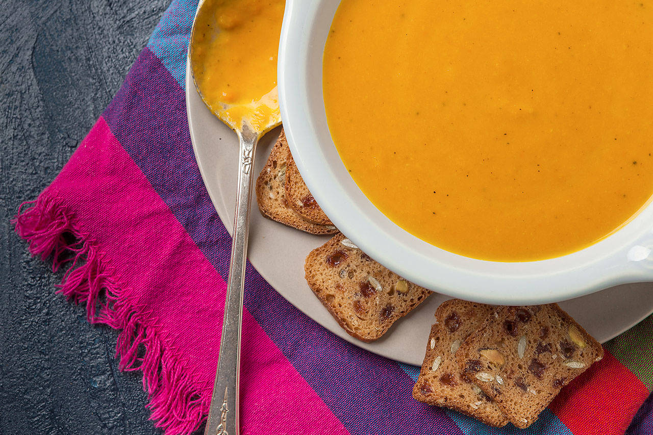 Coconut curry carrot soup can be refrigerated for up to three days or frozen for up to three months. (Goran Kosanovic / for The Washington Post)