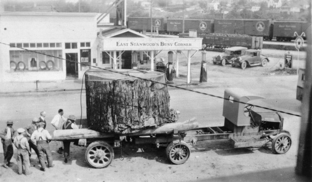 A section of a fir log cut by English Lumber Co. in 1928 near Lake Cavanaugh and hauled to Stanwood. It was later moved to the front of the D.O. Pearson House. A new oral histories project in Stanwood and Camano Island aims to collect memories and chronicle how times have changed. (Stanwood Area Historical Society)
