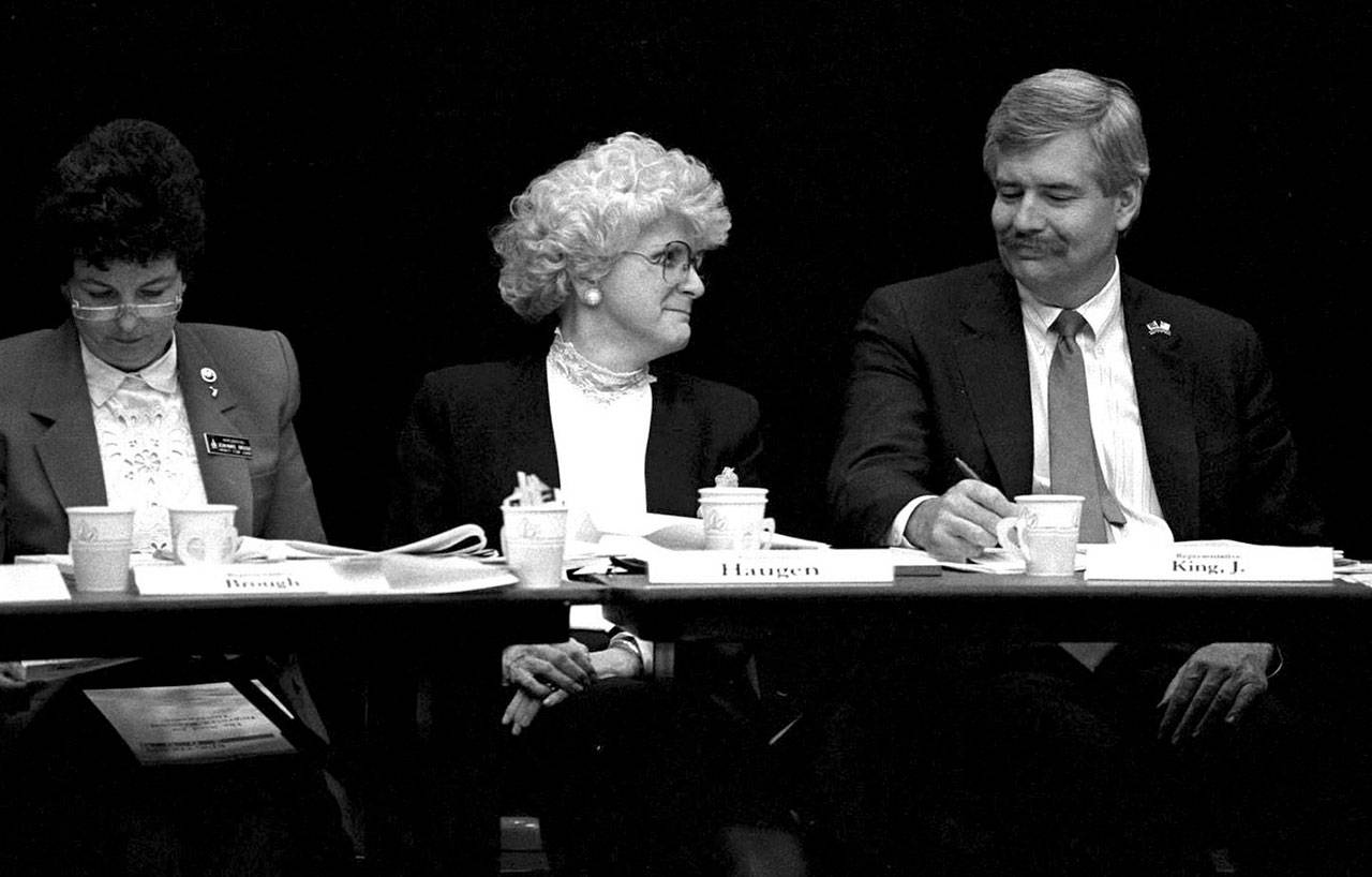 State Rep. Mary Margaret Haugen, D-Camano Island, (center) and House Speaker Joe King, D-Vancouver, during a 1990 hearing on a controversial proposal known as the Growth Management Act. Rep. Jean Marie Brough, R-Federal Way, is on the left. (Washington Secretary of State Archives)