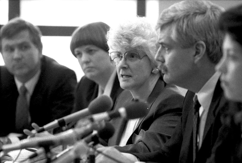 State Rep. Mary Margaret Haugen, D-Camano Island, makes a point on the Growth Management Act in this 1990 photo. Seated next to her in the foreground is House Speaker Joe King, D-Vancouver. (Washington Secretary of State Archives)
