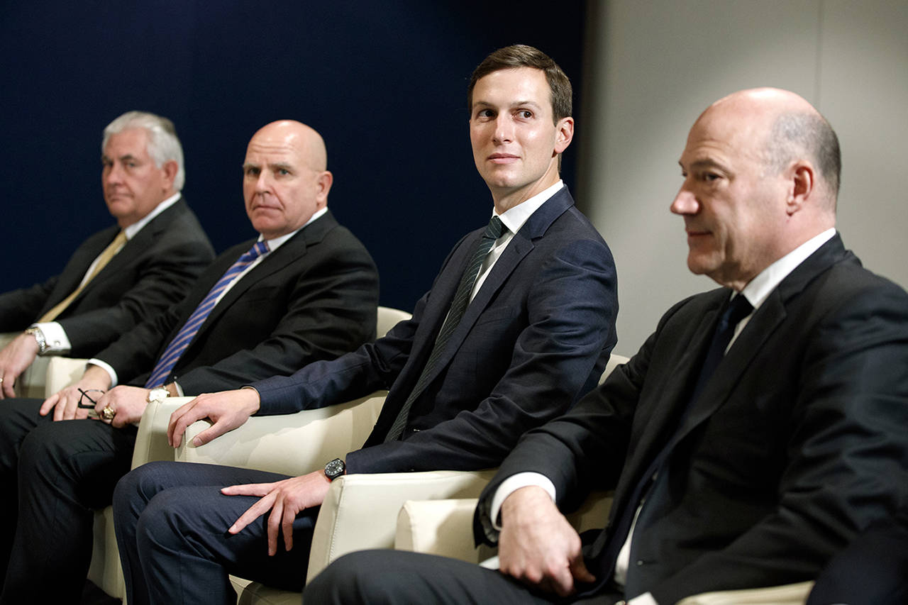 White House senior adviser Jared Kushner listens during a meeting between President Donald Trump and Israeli Prime Minister Benjamin Netanyahu at the World Economic Forum on Thursday in Davos. (AP Photo/Evan Vucci)