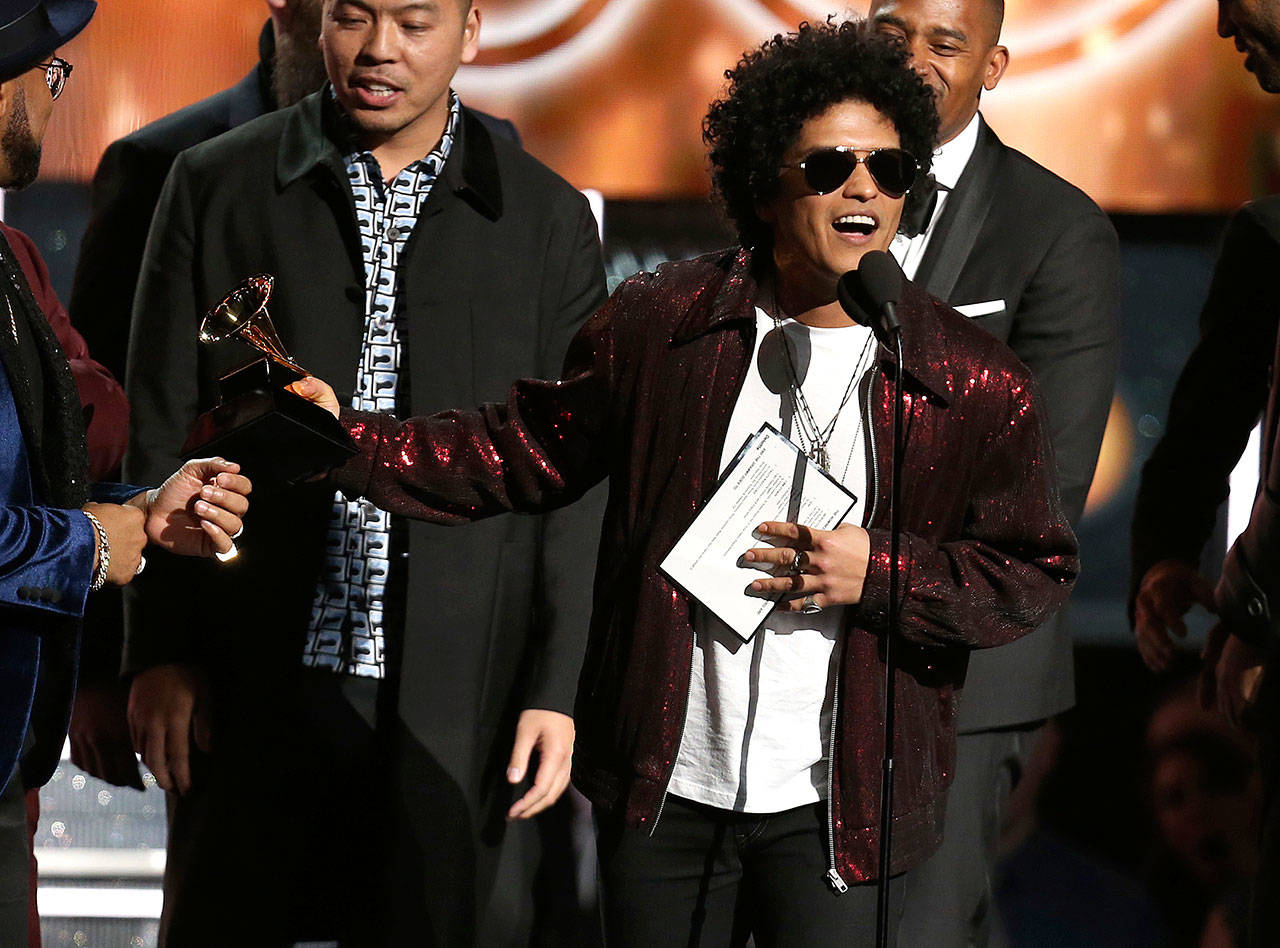 Bruno Mars accepts the award for song of the year for “That’s What I Like” at the 60th annual Grammy Awards at Madison Square Garden on Sunday in New York. (Photo by Matt Sayles/Invision/AP)
