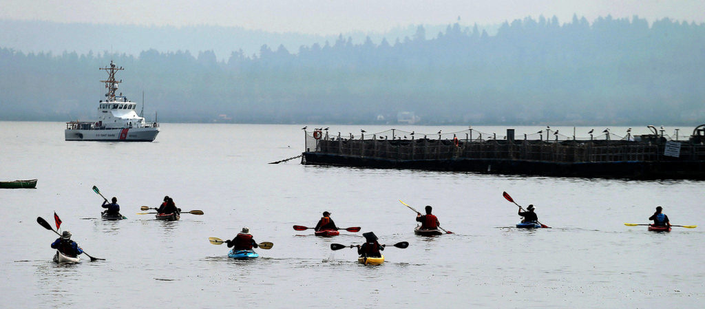 To protest salmon farming, kayakers paddle out to fish pens in Rich Passage near Bainbridge Island last September, after last summer’s release of up to 260,000 non-native salmon near Cypress Island. (Larry Steagall / Kitsap Sun)

