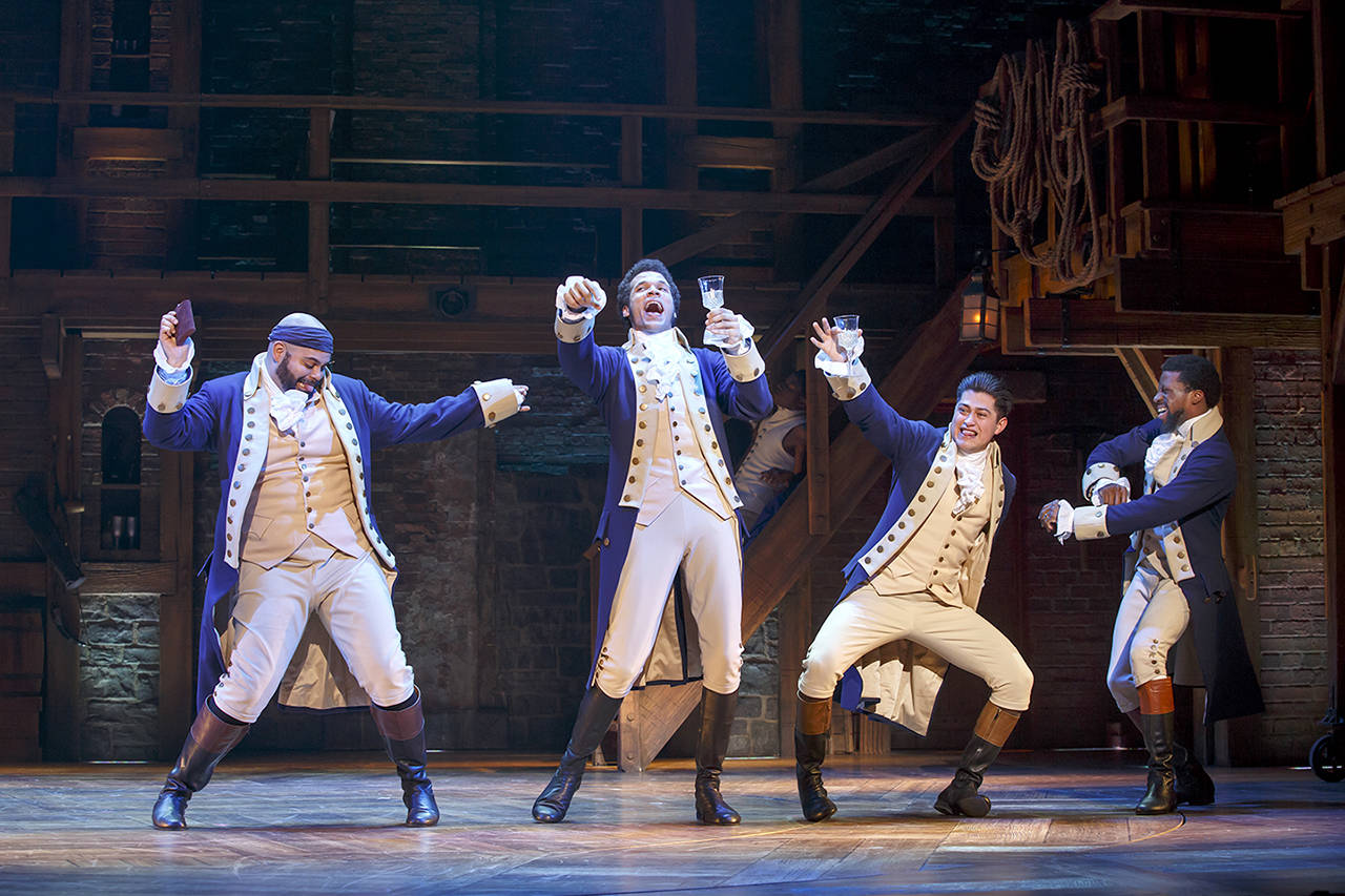 Mathenee Treco, Jordan Donica, Ruben J. Carbajal and Michael Luwoye perform in “Hamilton.” (Joan Marcus)