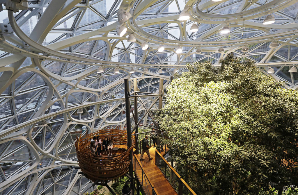 Guests sit in an area of the Amazon Spheres known as “the nest,” on the day of the Spheres’ grand opening in Seattle. (AP Photo/Ted S. Warren)

