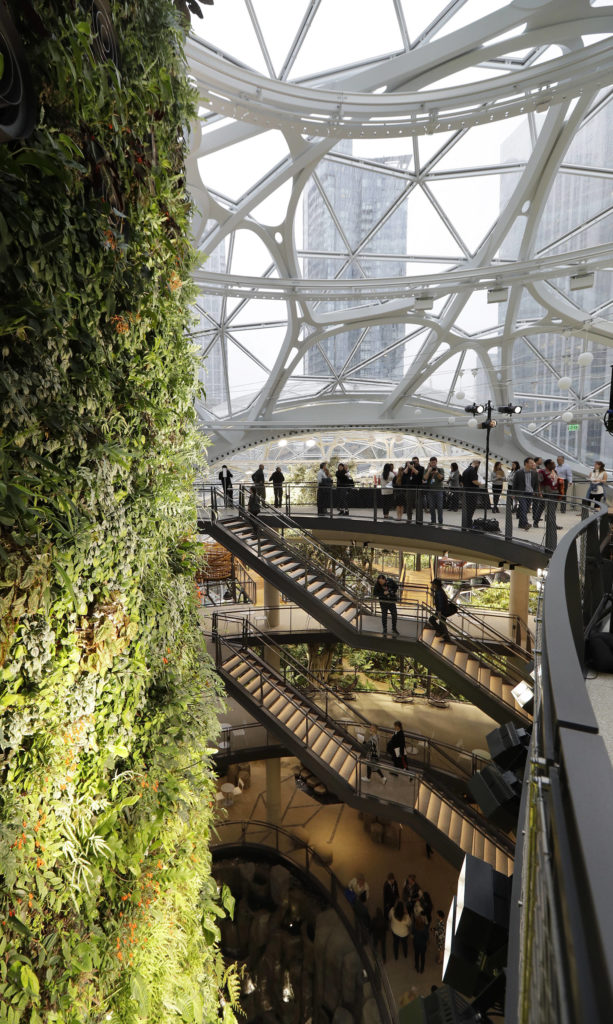 Gathering spaces and a plant-filled wall are shown before a grand opening ceremony for the Amazon Spheres on Monday in Seattle. (AP Photo/Ted S. Warren)
