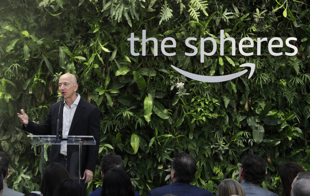 Jeff Bezos speaks during the grand opening of the Amazon Spheres on Monday in Seattle. (AP Photo/Ted S. Warren)
