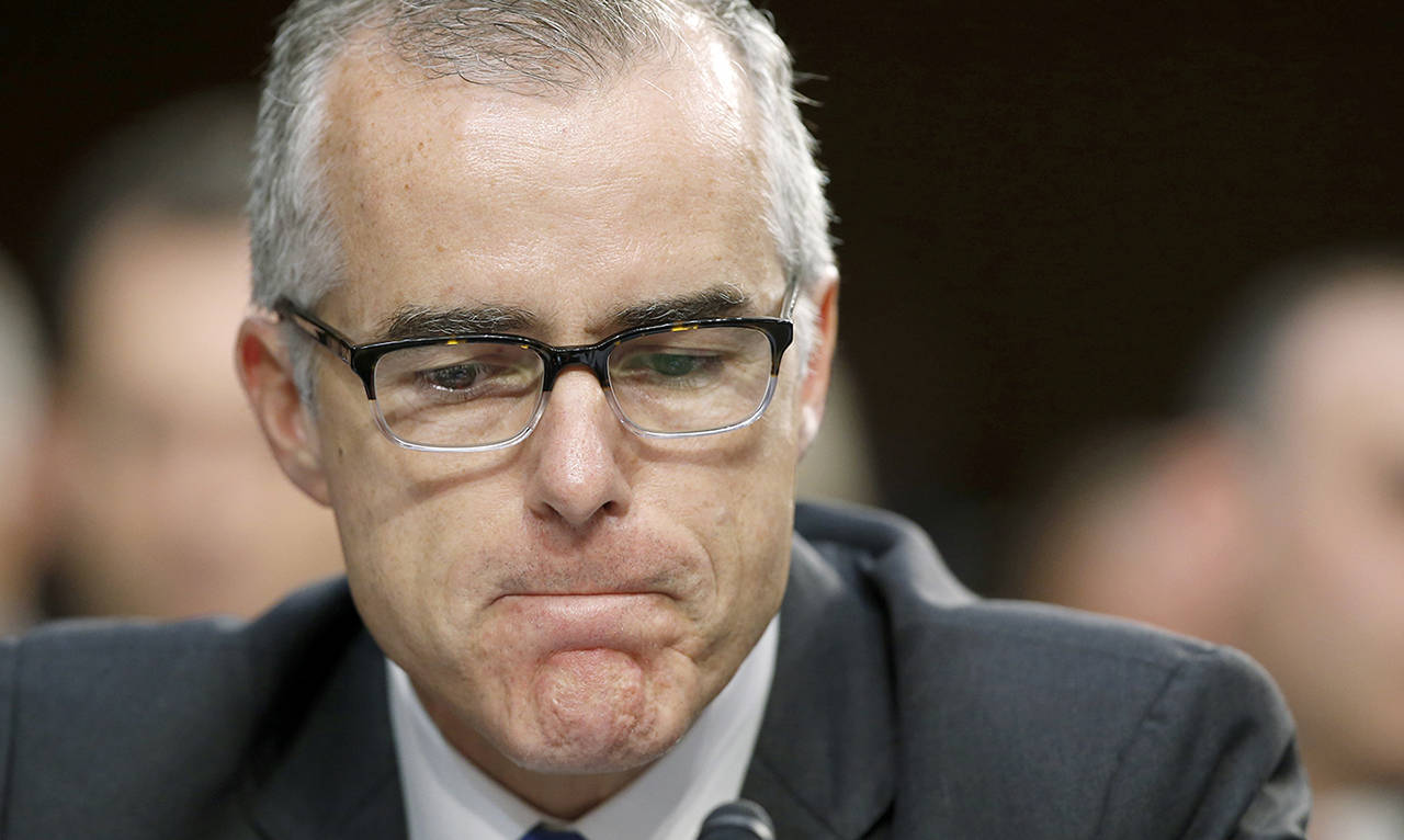 In this June 2017 photo, then-acting FBI Director Andrew McCabe pauses during a Senate Intelligence Committee hearing on Capitol Hill in Washington. (AP Photo/Alex Brandon)