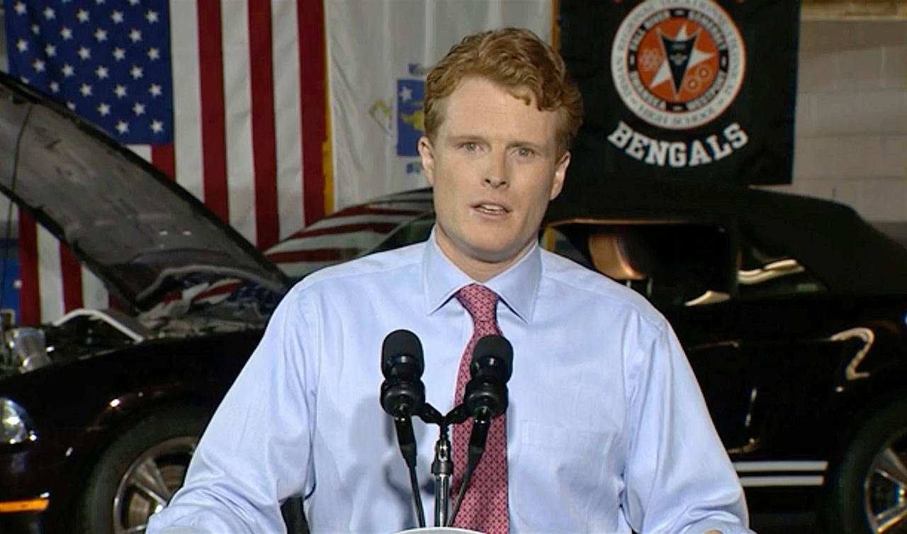 Rep. Joe Kennedy III delivers the Democratic response to President Donald Trump’s State of the Union address. Kennedy spoke at Diman Regional Vocational Technical High School in Fall River, Massachusetts, on Tuesday. (US Network via AP, Pool)