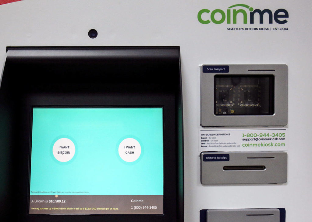 The Coinme machine allows deposits to bitcoin accounts at 76 in Lynnwood. (Kevin Clark / The Daily Herald)
