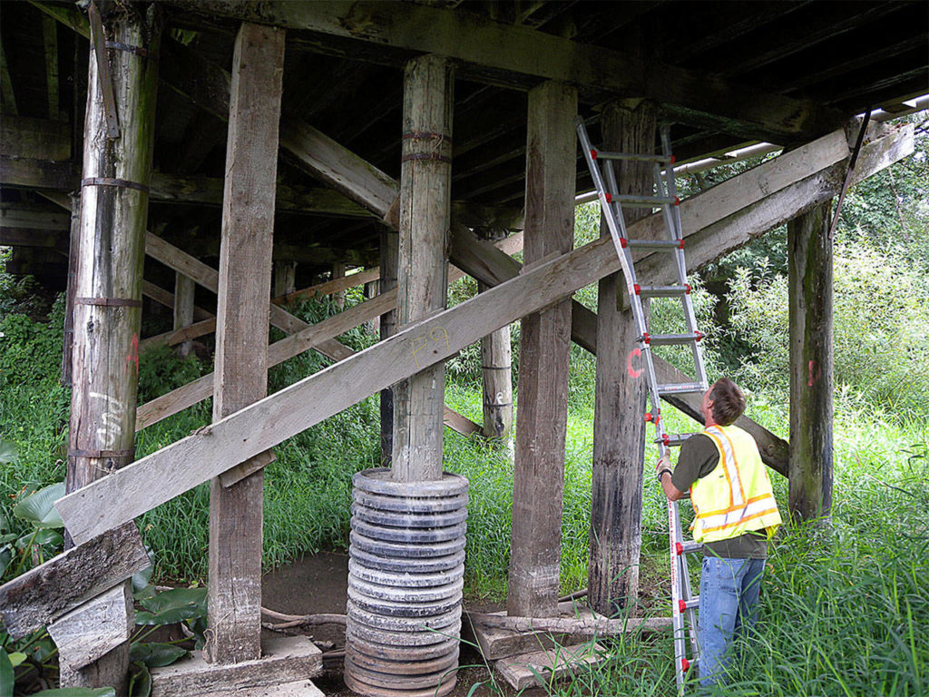 A Snohomish County bridge inspector gets ready to examine the integrity of timber supports on the Riley Slough Bridge on Tualco Road in this August 2014 photo. The county is getting ready to replace the old bridge. (Contributed photo)
