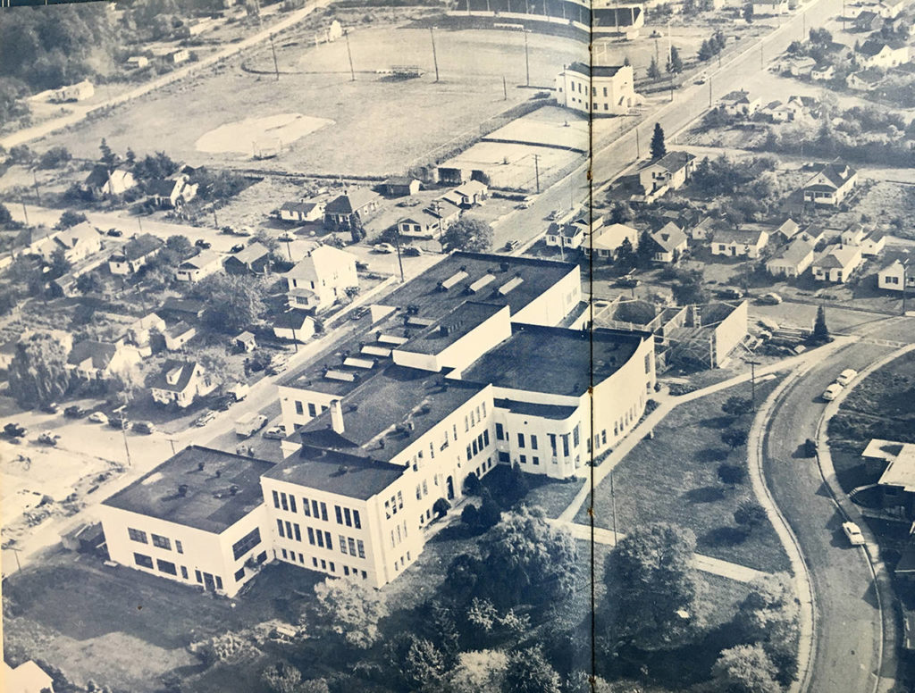 Edmonds High School and its nearby stadium and playfieds, from a 1955 photo in “The Echo,” the high school yearbook. The former high school is now the Edmonds Center for the Arts.
