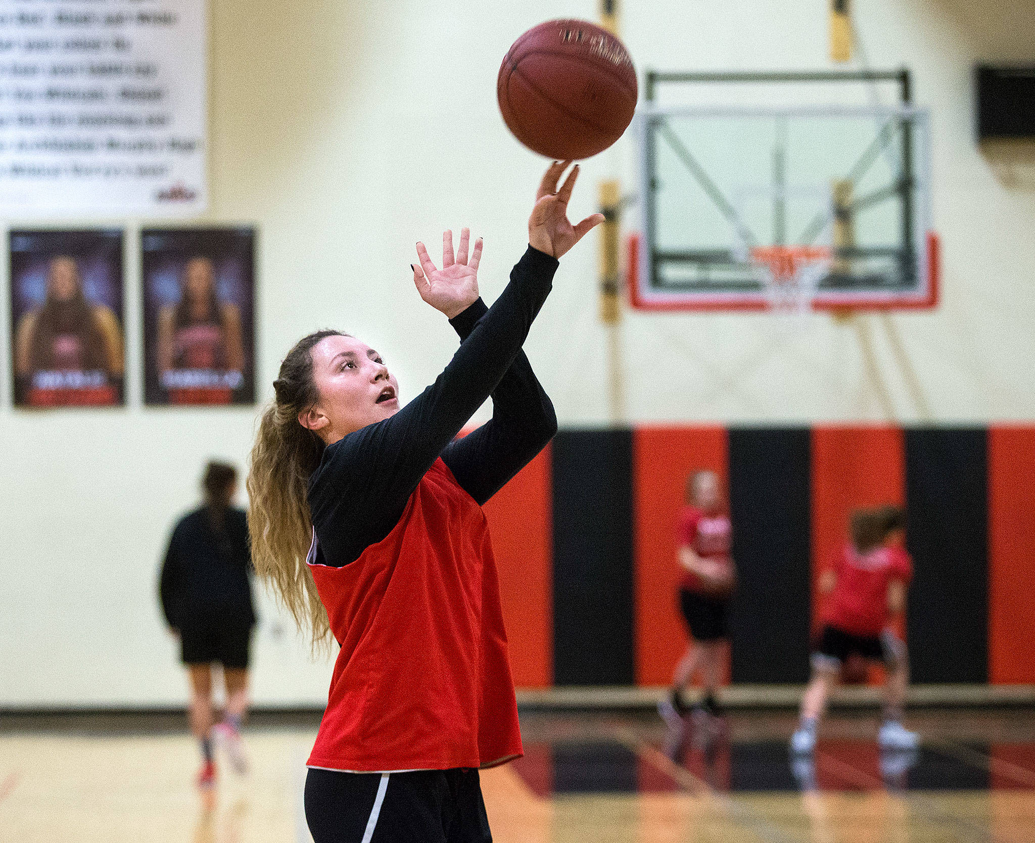 Archbishop Murphy senior Olivia Riojas takes a shot at a Dec. 26 practice session in Everett. (Andy Bronson / The Herald)                                Archbishop Murphy’s Olivia Riojas practices on Dec. 26 in Everett. (Andy Bronson / The Herald)