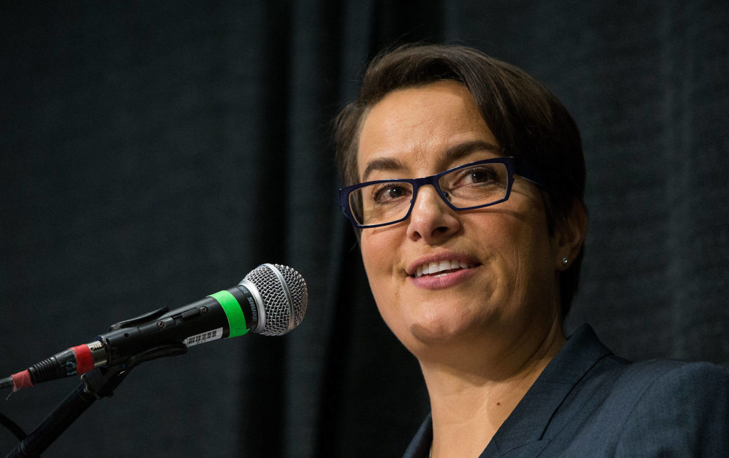 Everett Mayor Cassie Franklin delivers her first of State of Everett address held at the Ed Hansen Conference Center in the Angel of the Winds Arena on Wednesday in Everett. (Andy Bronson / The Herald)
